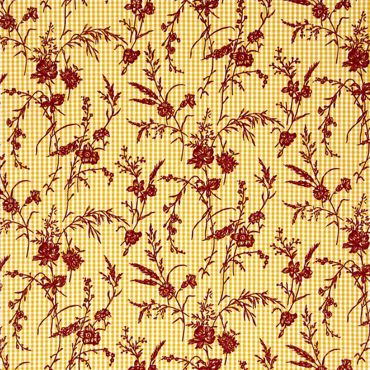 Reststück Vichy-Baumwolle Ocker mit Blumenmuster und Flockdruck in Granatrot – verschiedene Maße x Breite 150 cm - Ribes y Casals