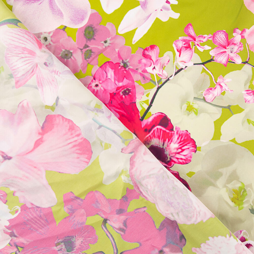 Bedruckter Satin in Rosa-Limette - Ribes y Casals