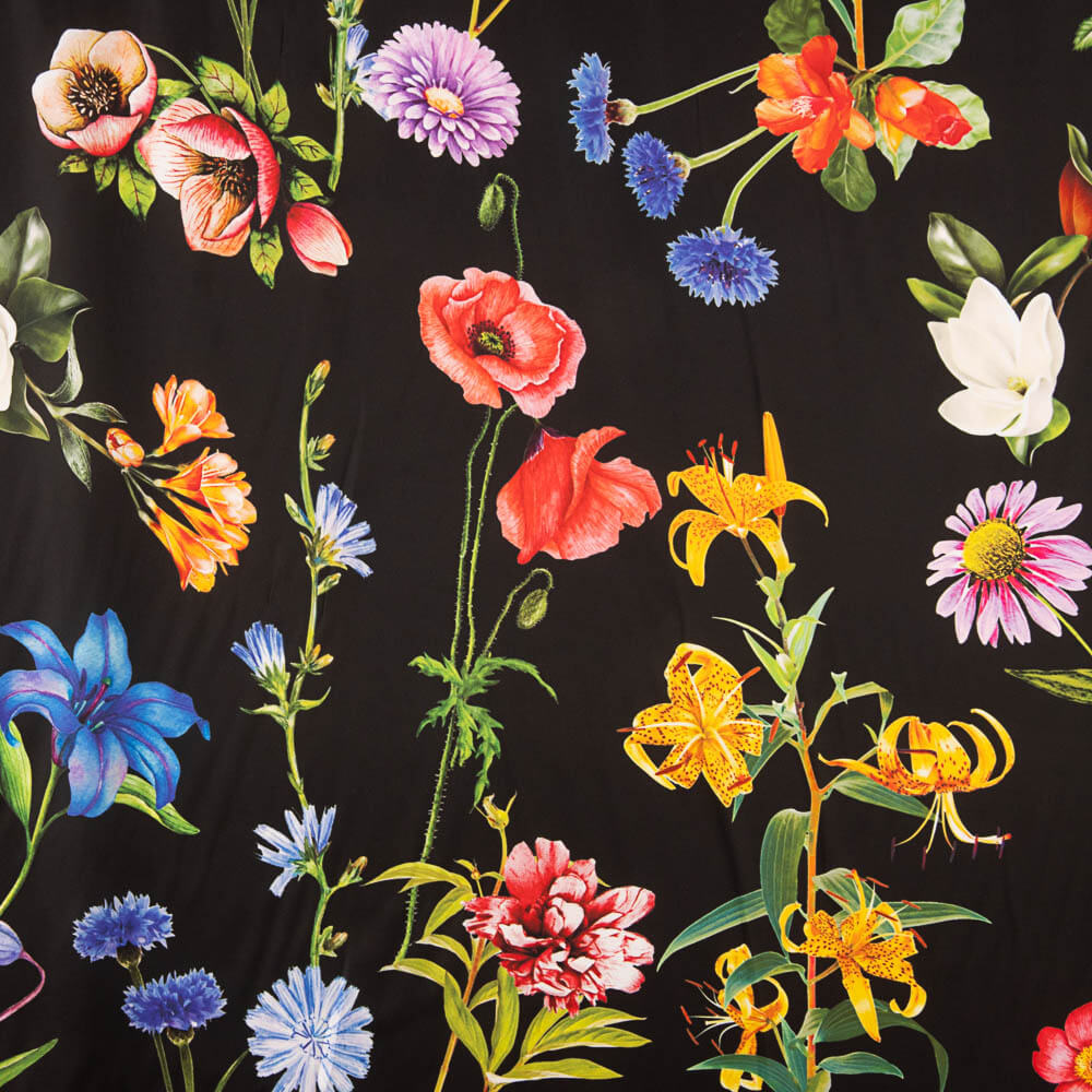 Satin Multi Flower Print Schwarz - Ribes y Casals