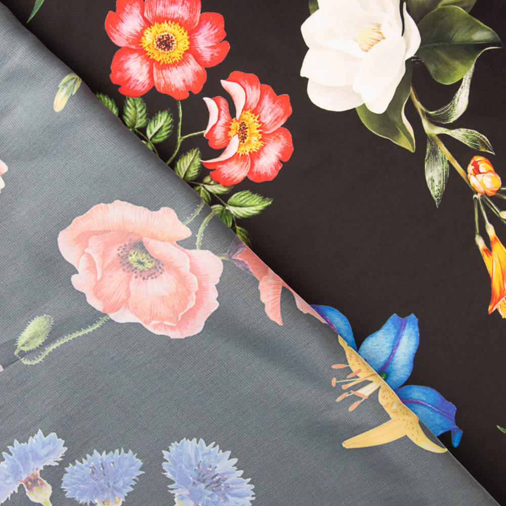 Satin Multi Flower Print Schwarz - Ribes y Casals
