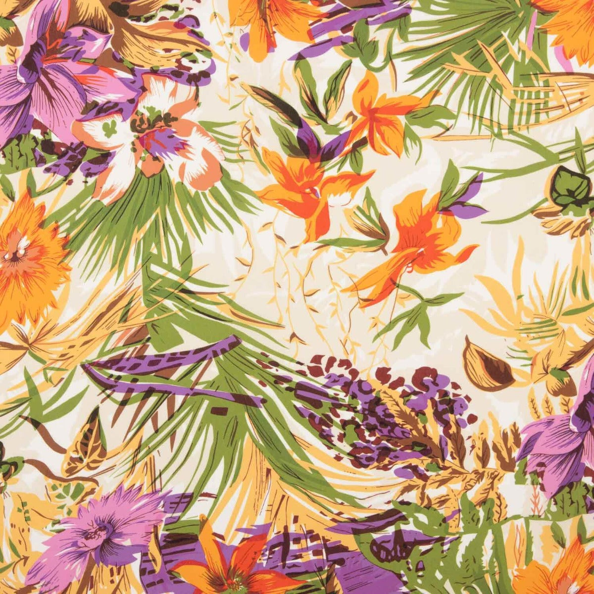 Crêpe Light Tropical Orange Flieder Druck - Ribes y Casals