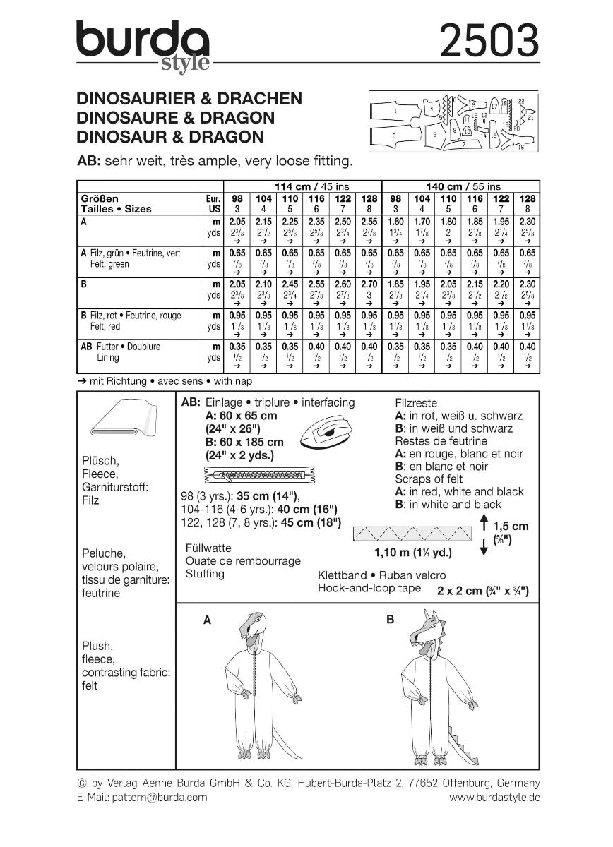 Schnittmuster Burda 2503 Dinosaurier und Drache - Ribes y Casals
