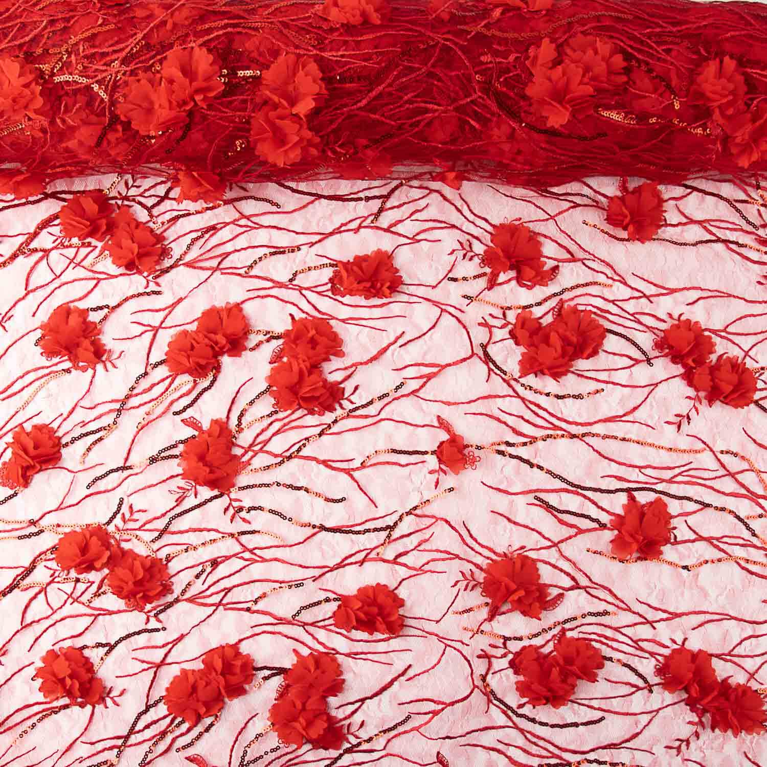 Roter Tüll, bestickt mit 3D-Blumen und Pailletten - Ribes y Casals