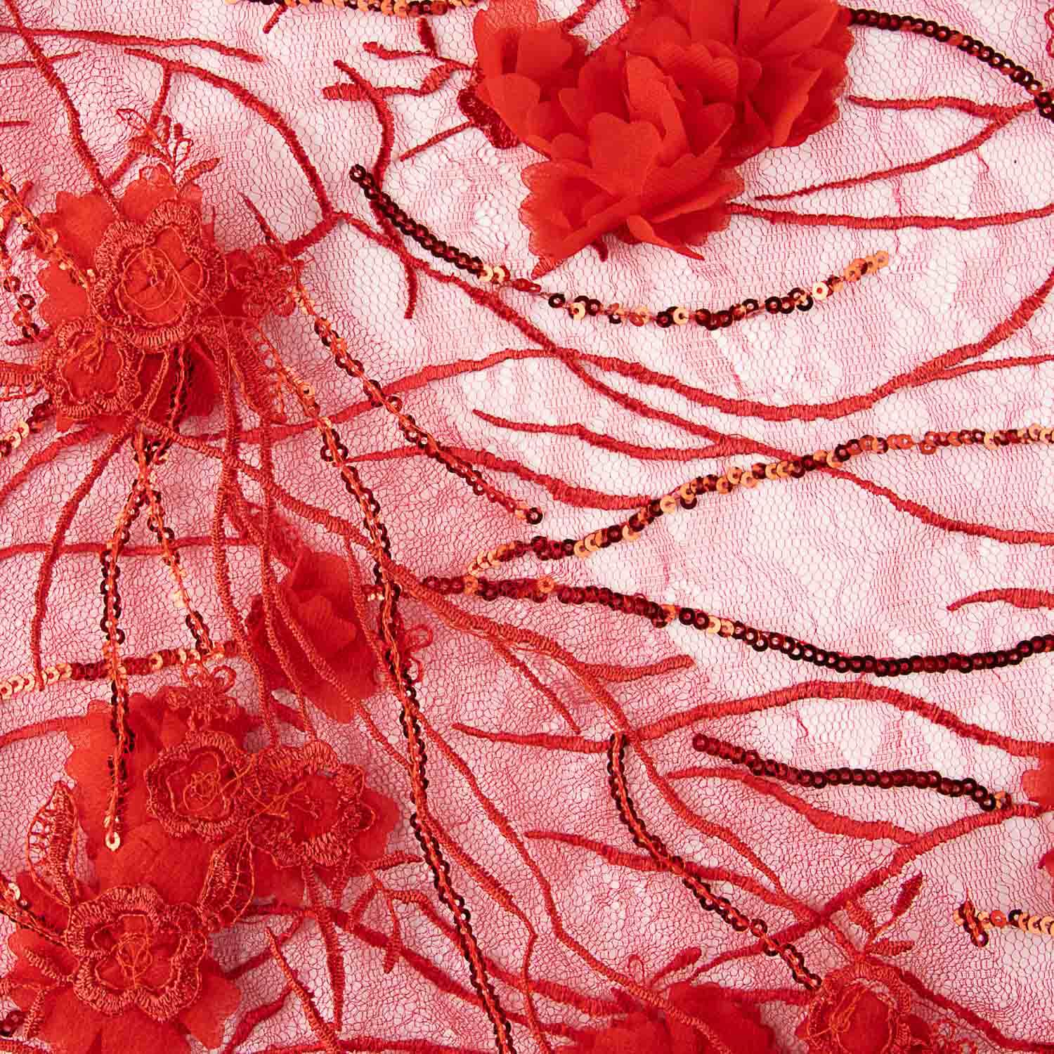 Roter Tüll, bestickt mit 3D-Blumen und Pailletten - Ribes y Casals
