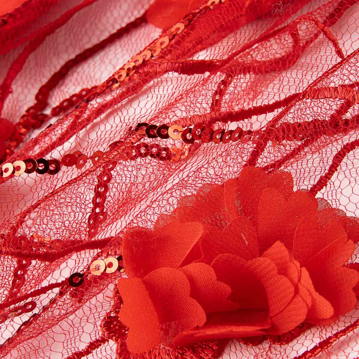 Roter Tüll, bestickt mit 3D-Blumen und Pailletten - Ribes y Casals