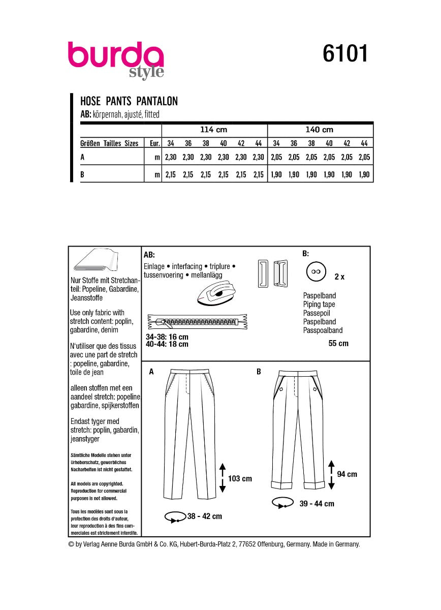 Schnittmuster Burda 6101 Hose - Ribes y Casals