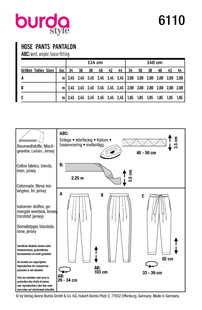 Schnittmuster Burda 6110 Hose - Ribes y Casals
