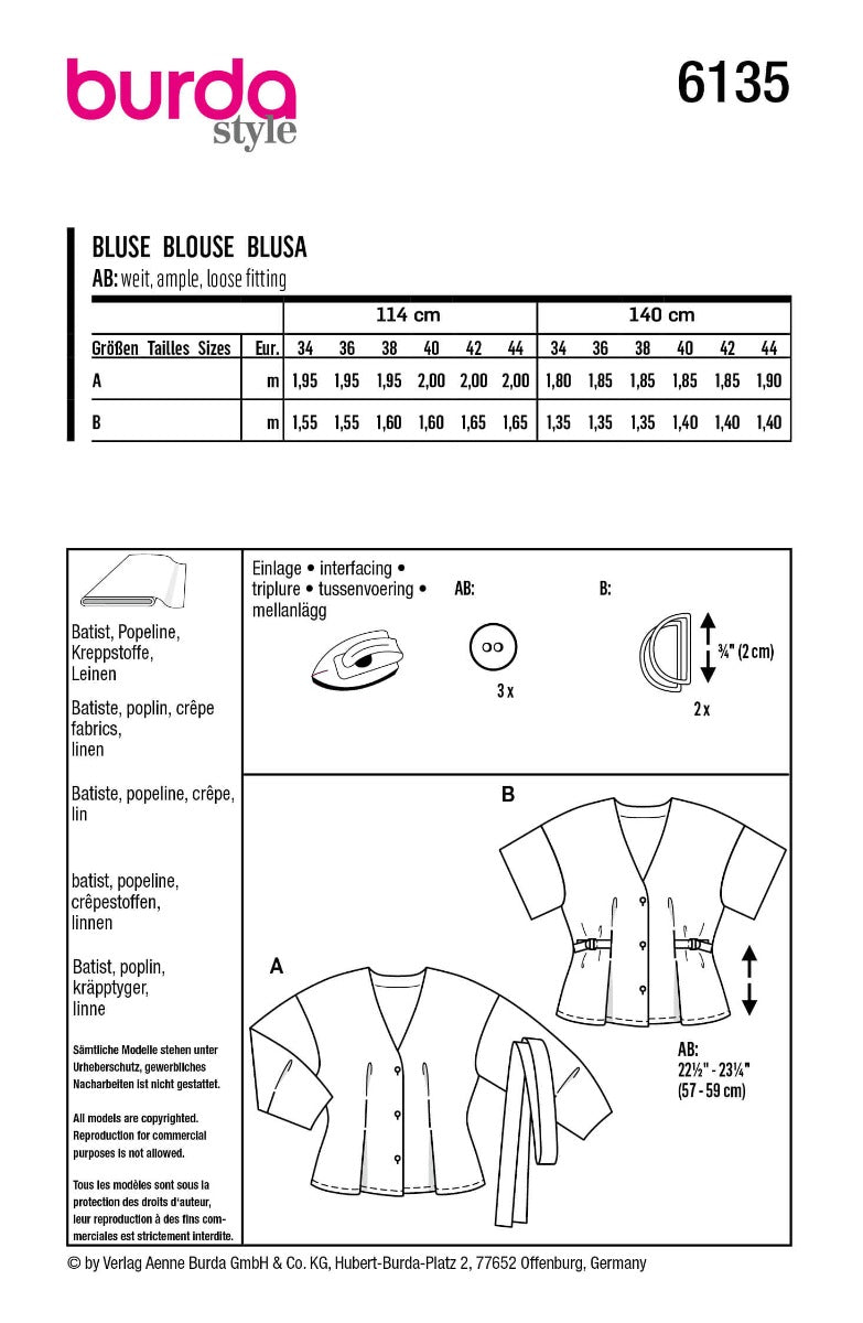 Schnittmuster Burda 6135 Bluse - Ribes y Casals