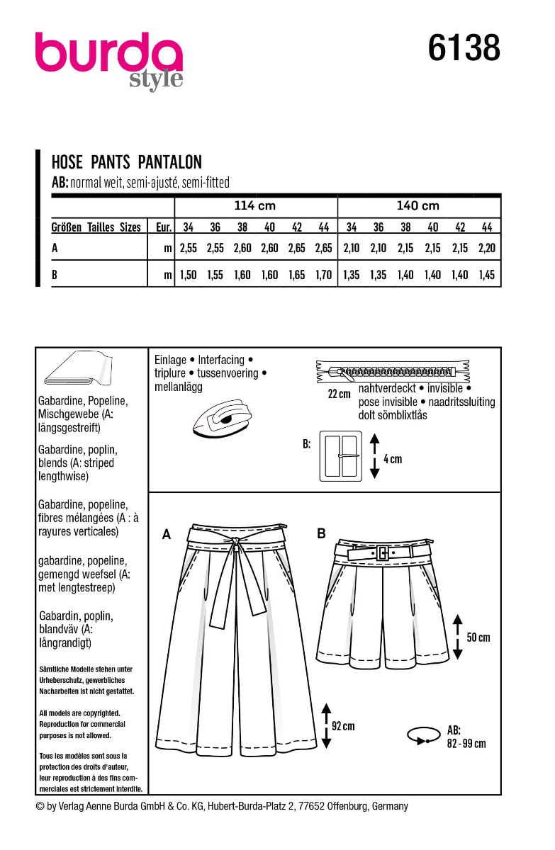 Schnittmuster Burda 6138 Rock und Hose - Ribes y Casals