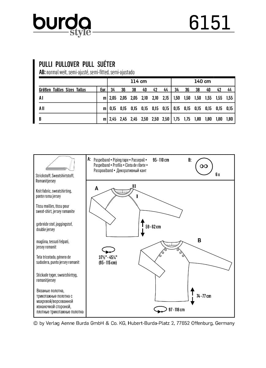 Schnittmuster Burda 6151 Pullover - Ribes y Casals