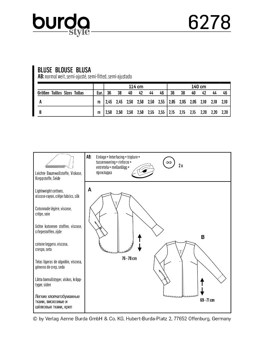 Schnittmuster Burda 6278 Bluse - Ribes y Casals