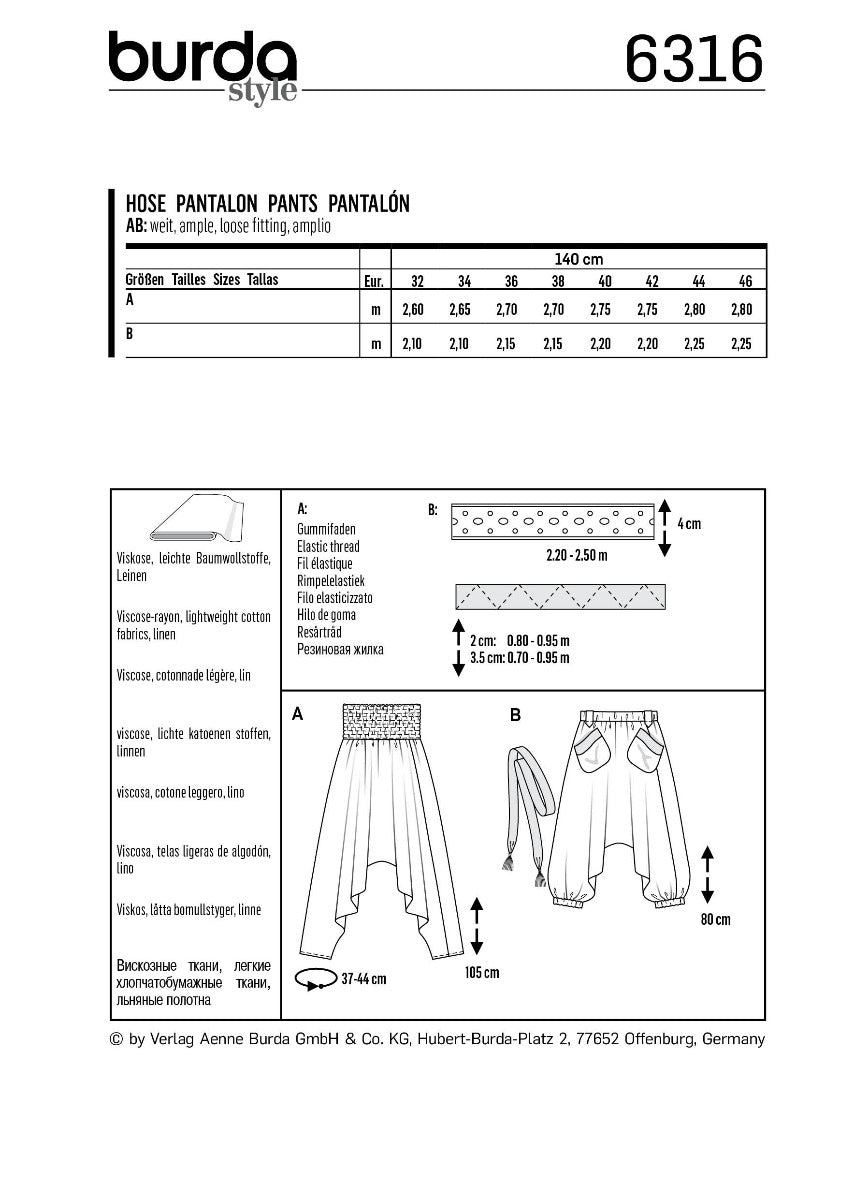 Schnittmuster Burda 6316 Hose - Ribes y Casals
