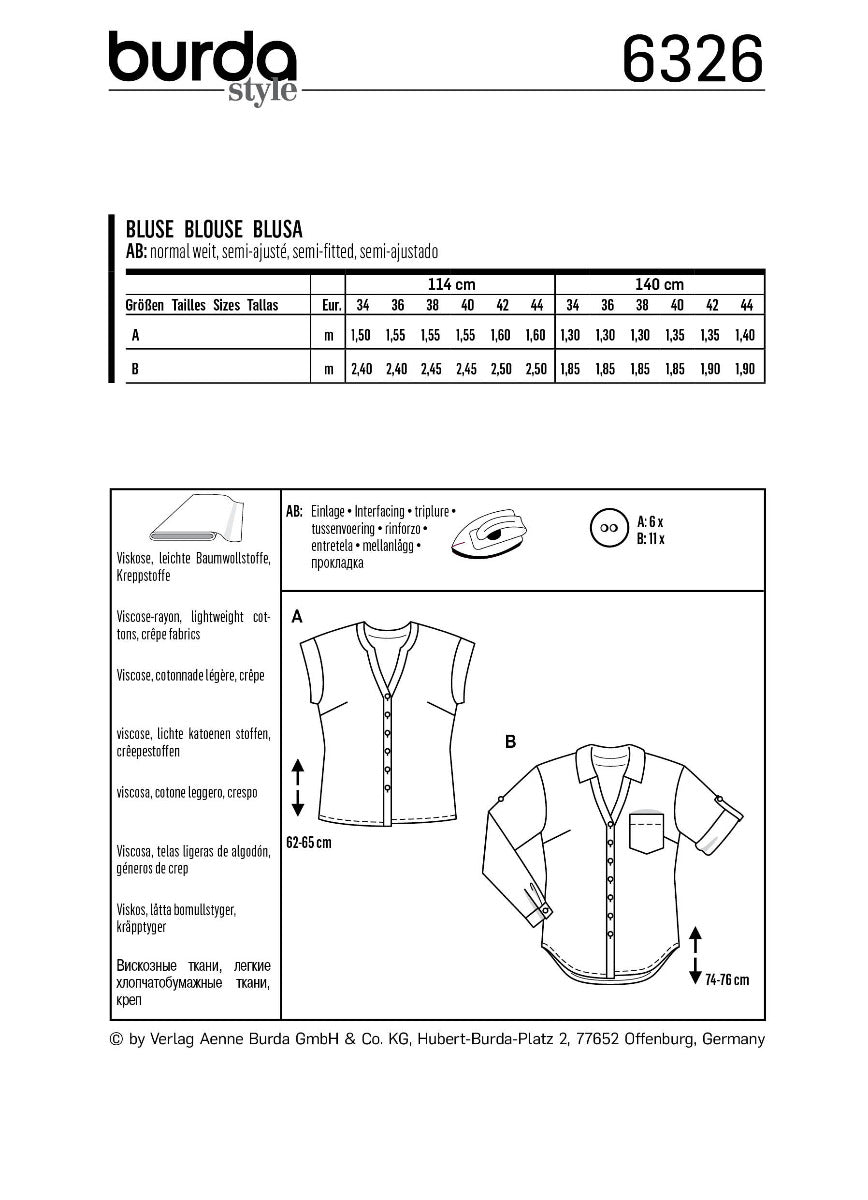 Schnittmuster Burda 6326 Bluse - Ribes y Casals