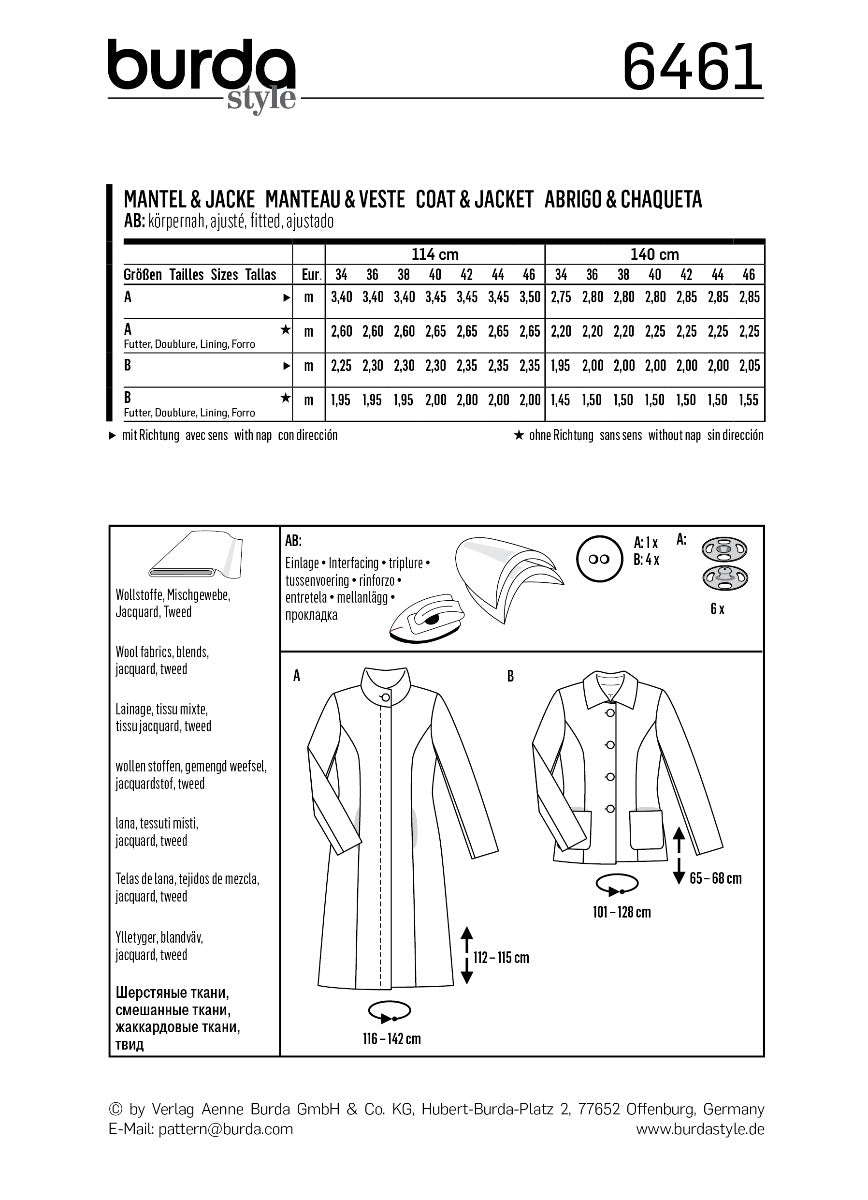 Schnittmuster Burda 6461 Mantel y Jacke - Ribes y Casals
