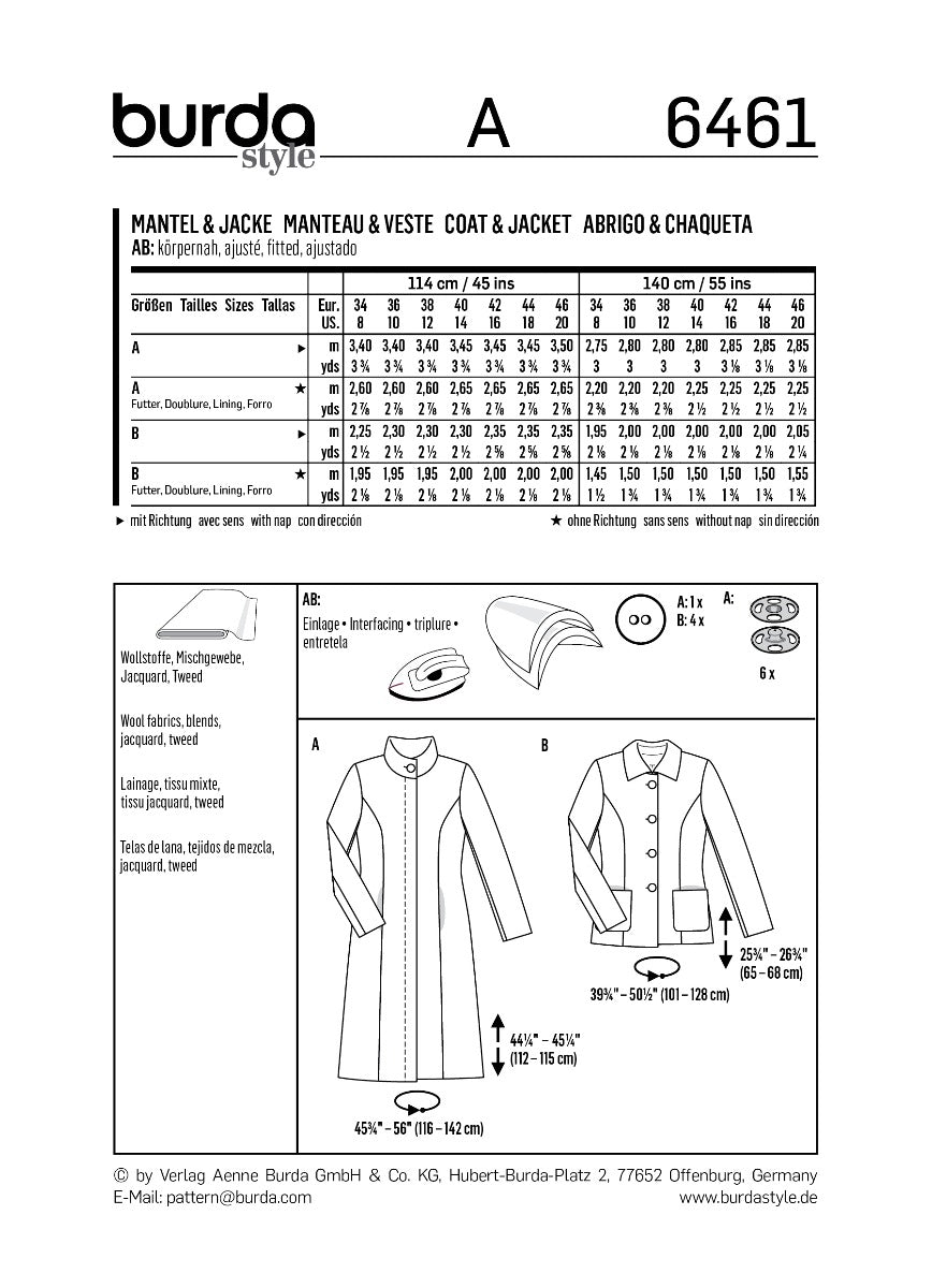 Schnittmuster Burda 6461 Mantel y Jacke - Ribes y Casals