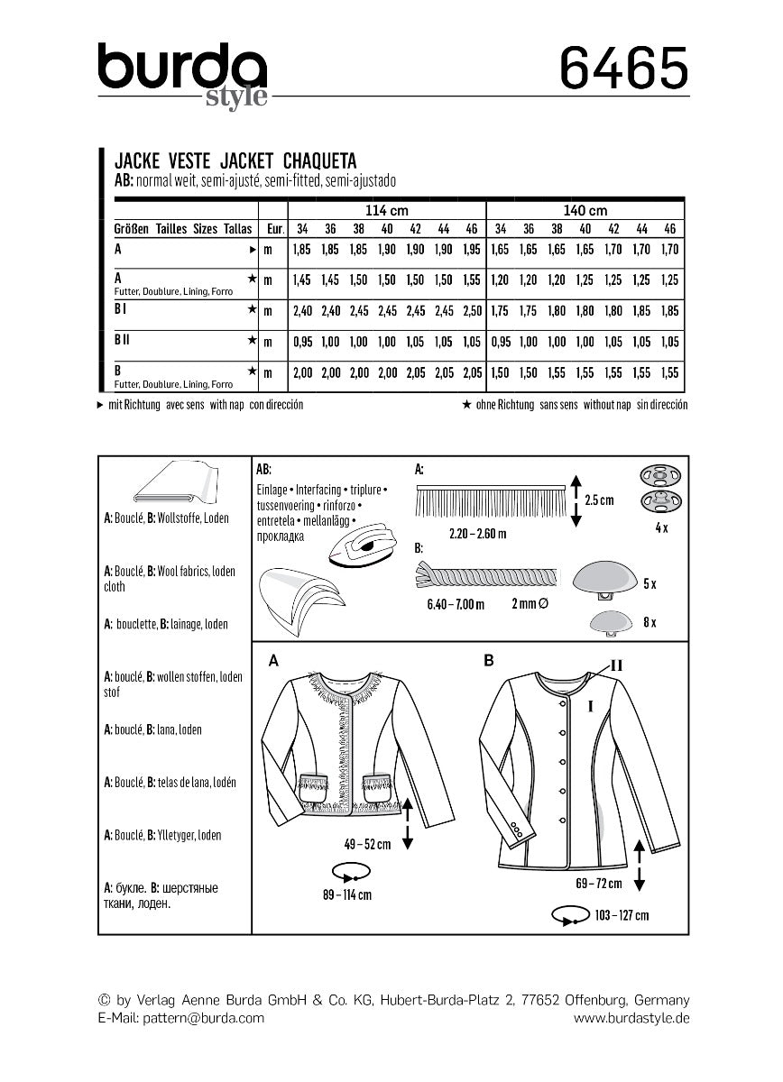 Schnittmuster Burda 6465 Jacke - Ribes y Casals