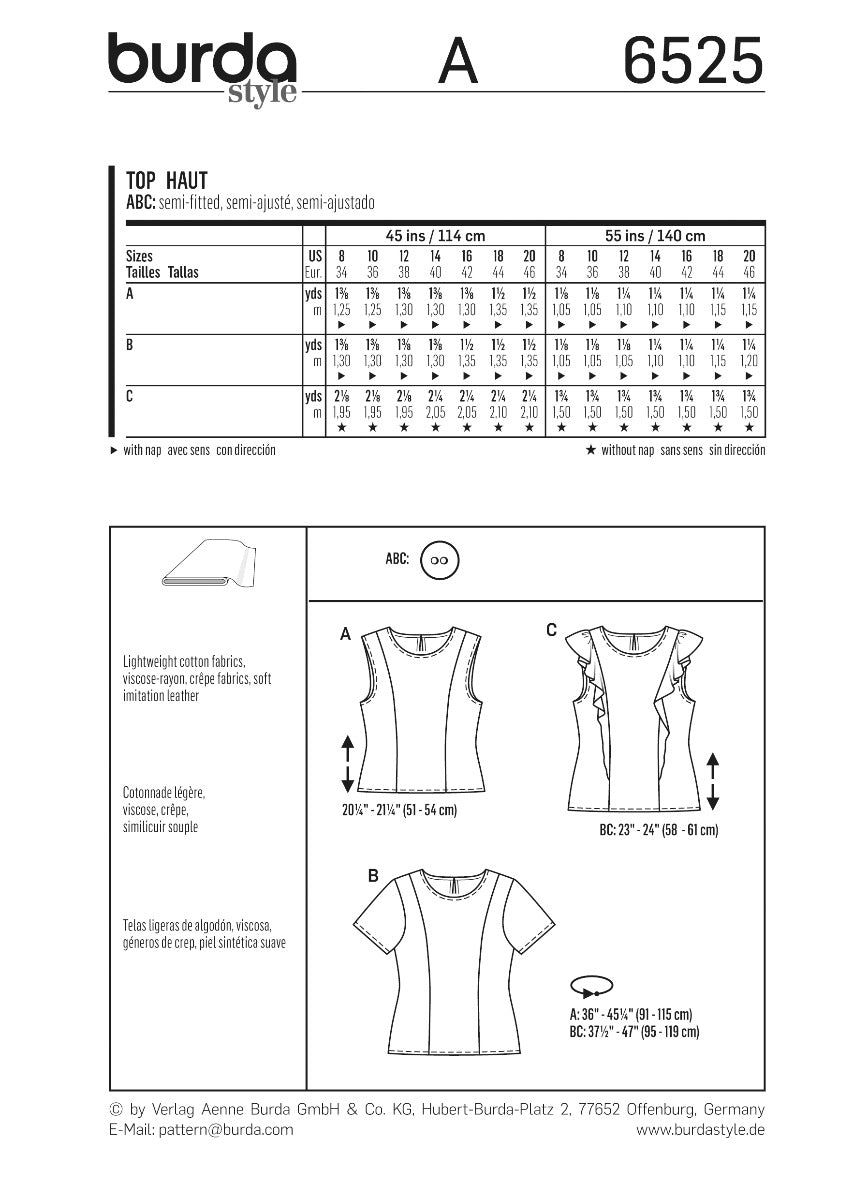 Schnittmuster Burda 6525 Top - Ribes y Casals