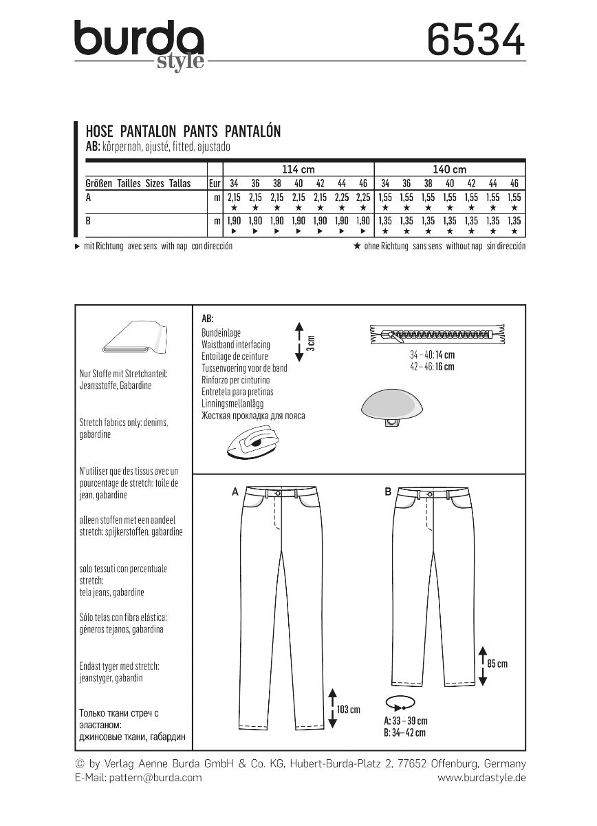 Schnittmuster Burda 6534 Hose - Ribes y Casals