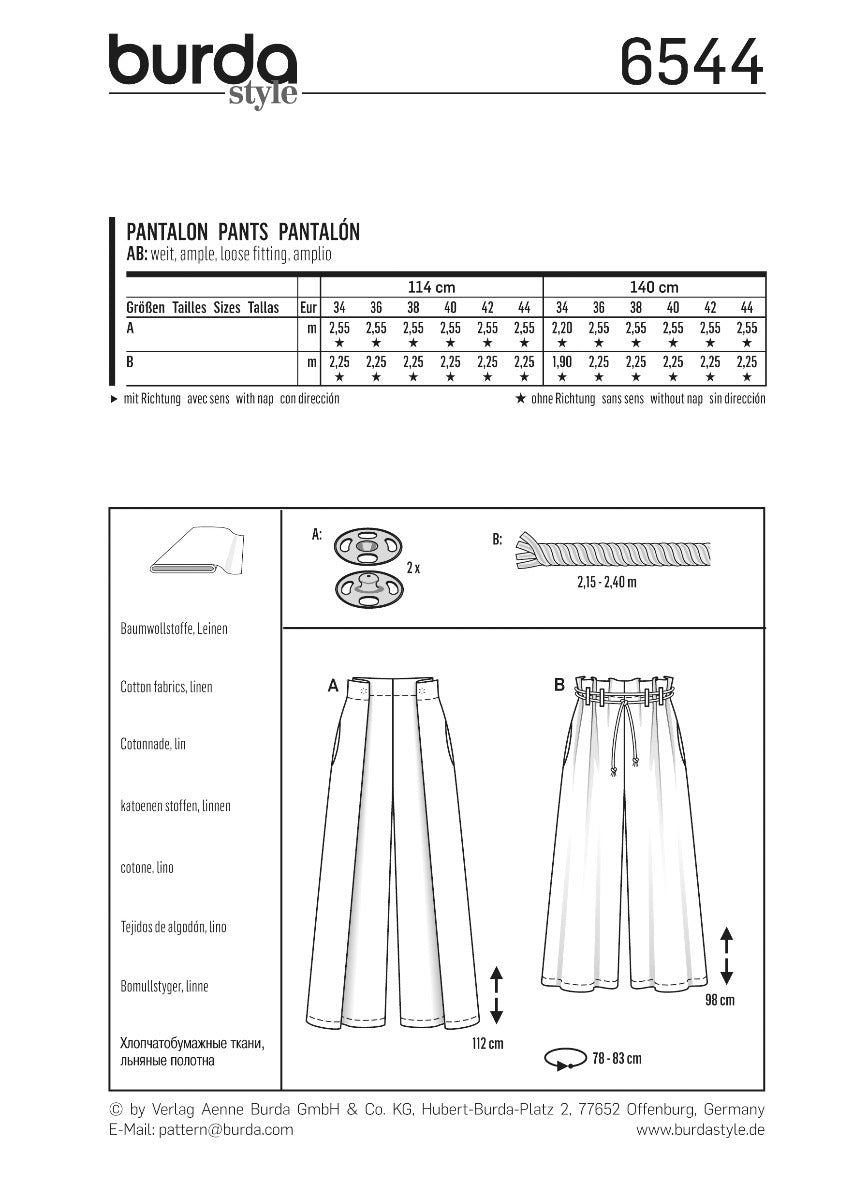 Schnittmuster Burda 6544 Hose - Ribes y Casals