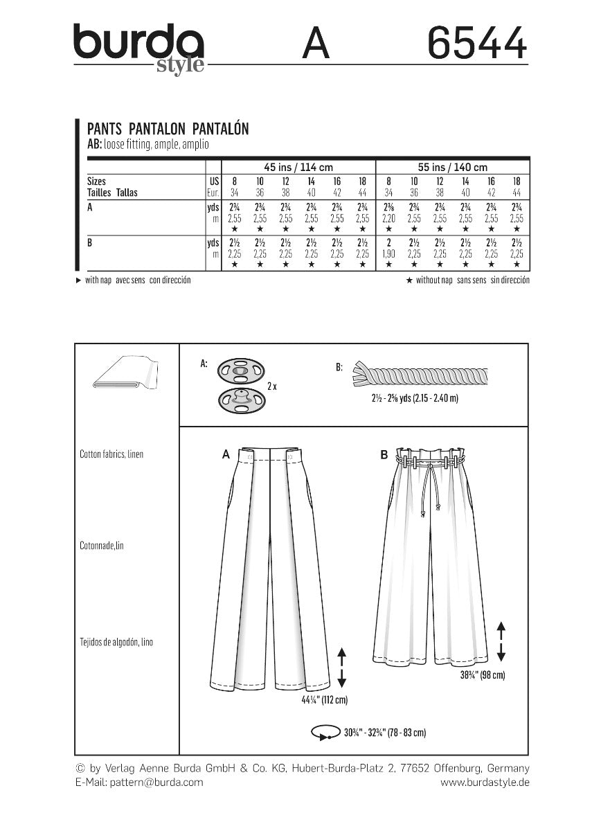 Schnittmuster Burda 6544 Hose - Ribes y Casals