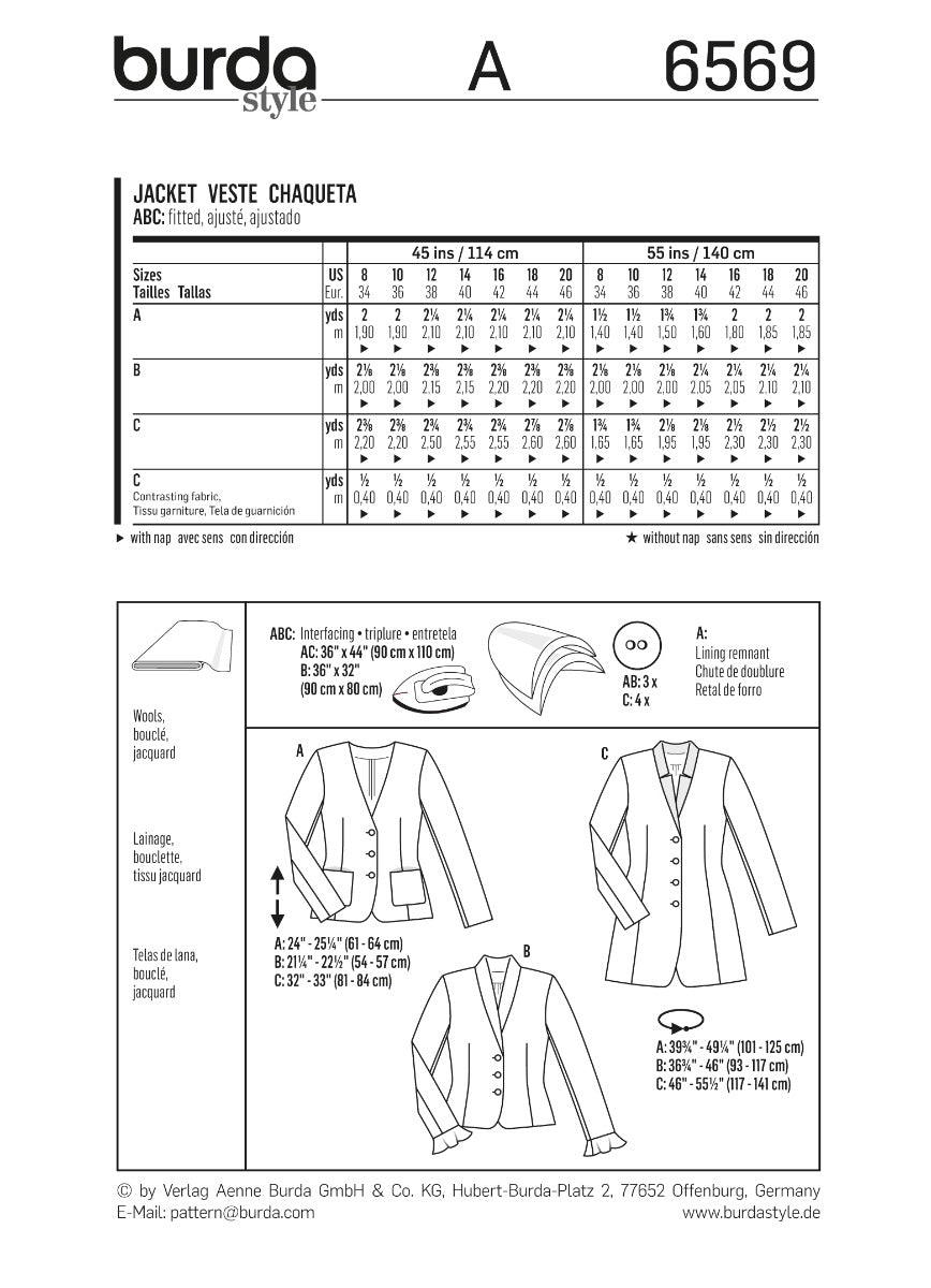 Schnittmuster Burda 6569 Jacke - Ribes y Casals