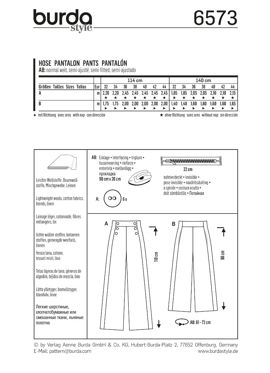 Schnittmuster Burda 6573 Hose - Ribes y Casals