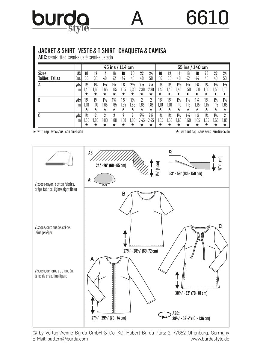 Schnittmuster Burda 6610 Jacke y Hemd - Ribes y Casals