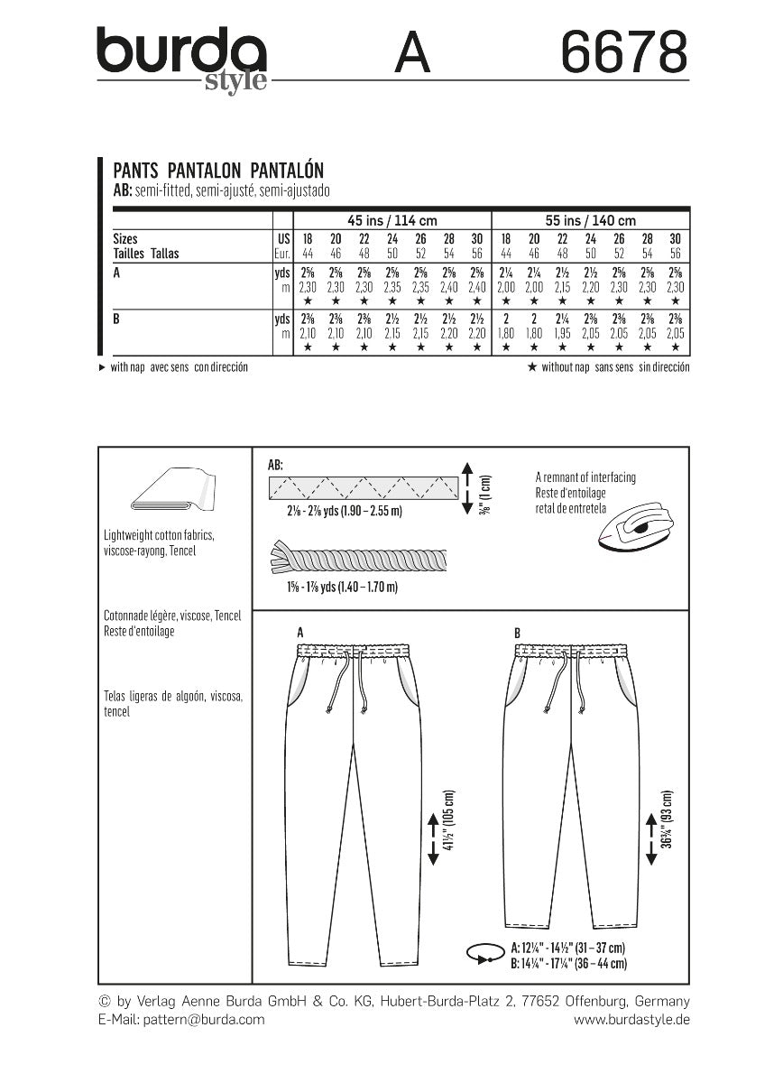 Schnittmuster Burda 6678 Hose - Ribes y Casals