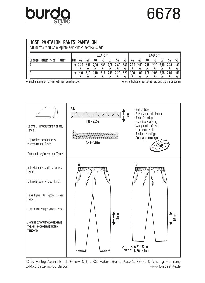 Schnittmuster Burda 6678 Hose - Ribes y Casals