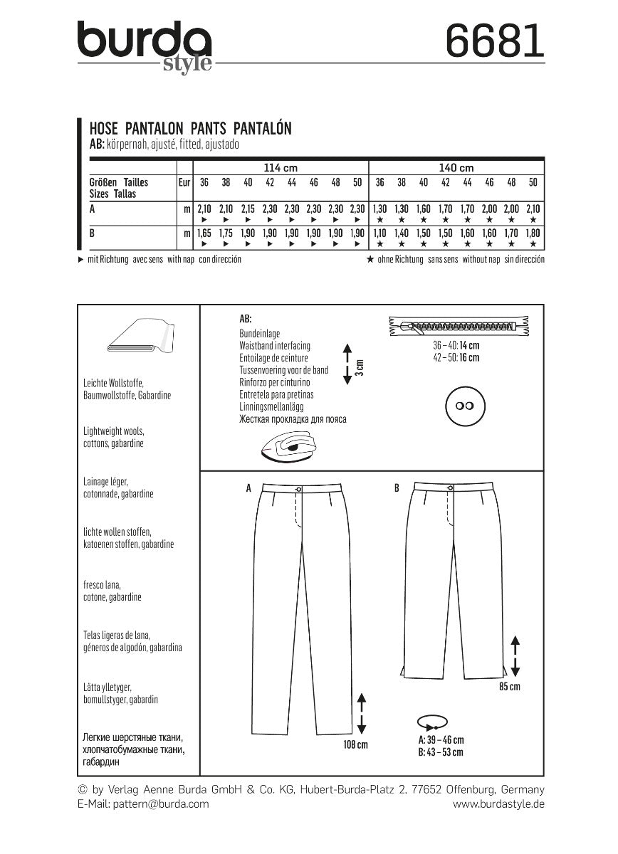 Schnittmuster Burda 6681 Hose - Ribes y Casals