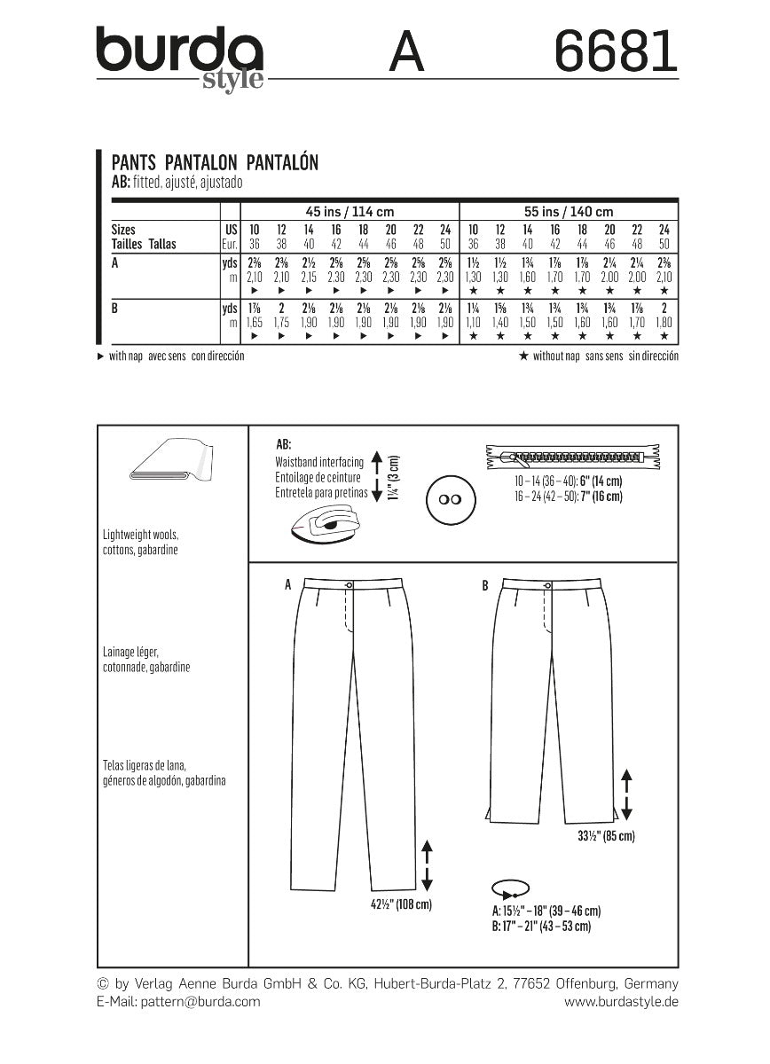 Schnittmuster Burda 6681 Hose - Ribes y Casals