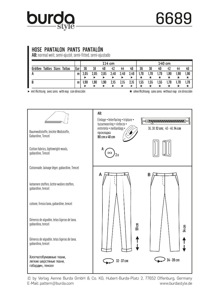 Schnittmuster Burda 6689 Hose - Ribes y Casals