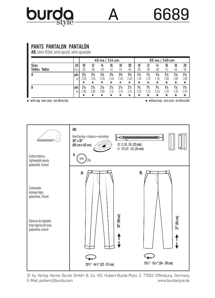 Schnittmuster Burda 6689 Hose - Ribes y Casals