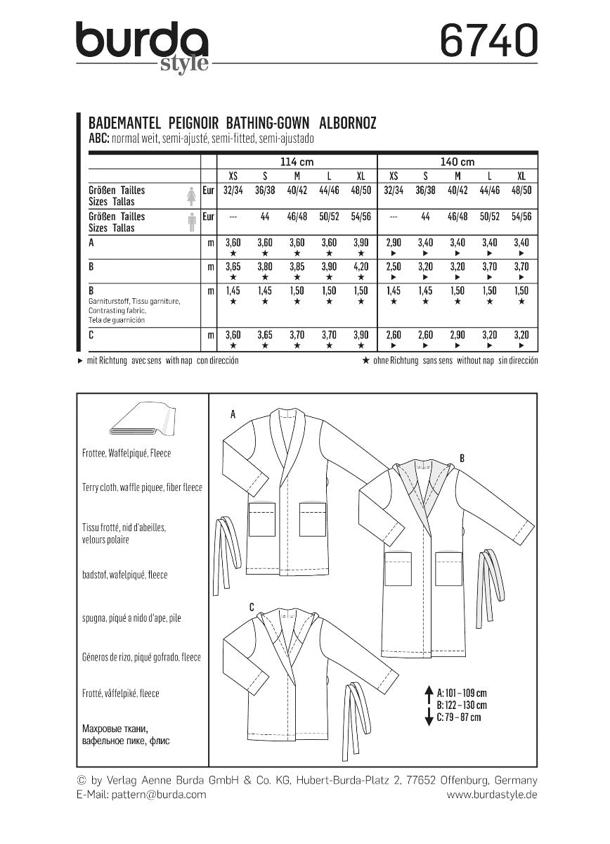 Schnittmuster Burda 6740 Bademantel - Ribes y Casals