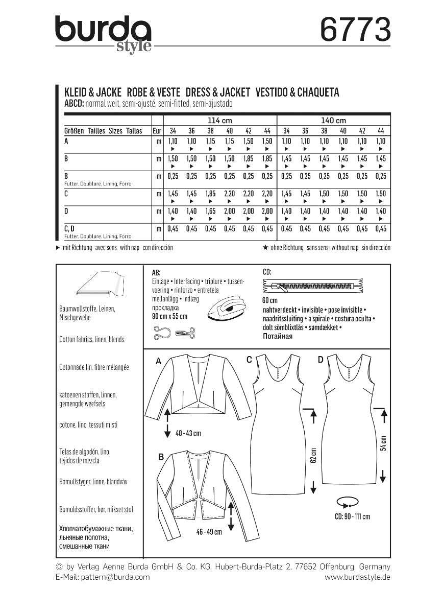 Schnittmuster Burda 6773 Jacke y Kleid - Ribes y Casals