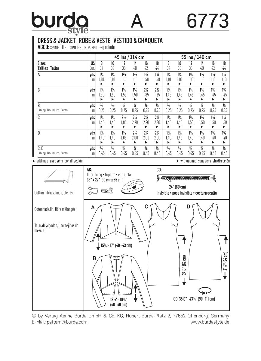Schnittmuster Burda 6773 Jacke y Kleid - Ribes y Casals