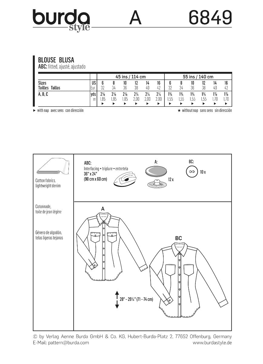 Schnittmuster Burda 6849 Bluse - Ribes y Casals