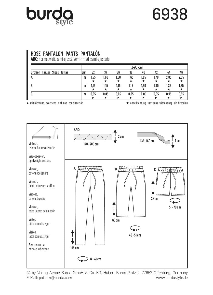 Schnittmuster Burda 6938 Hose - Ribes y Casals