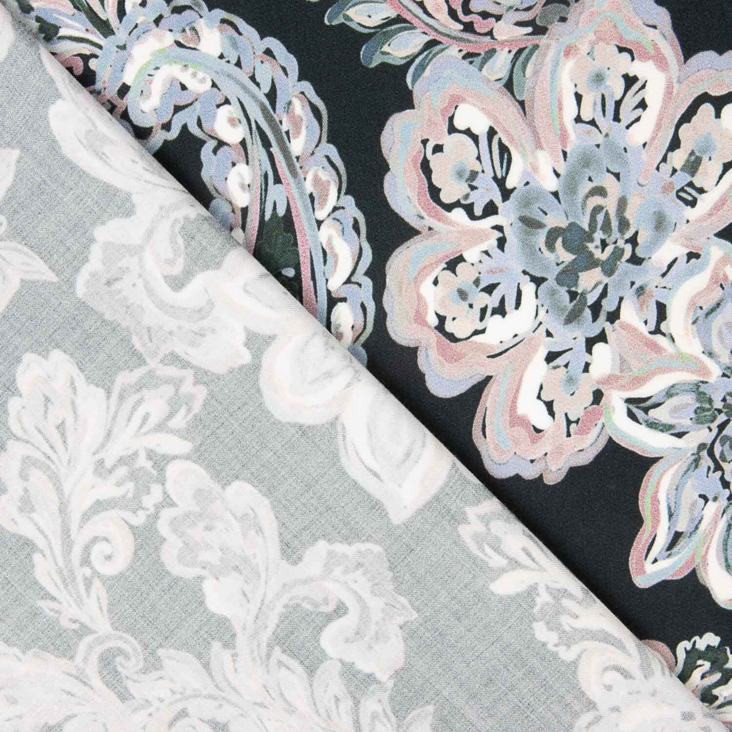 Satin Viskose Kaschmir Floral Blau y Rosa - Ribes y Casals