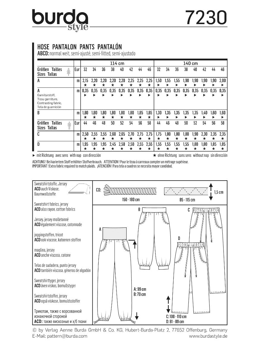 Schnittmuster Burda 7230 Hose - Ribes y Casals