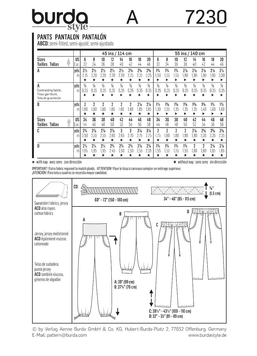 Schnittmuster Burda 7230 Hose - Ribes y Casals