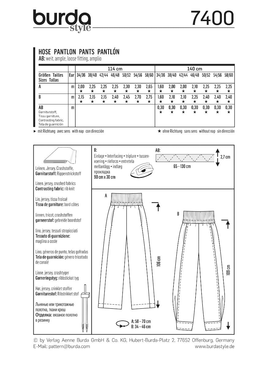 Schnittmuster Burda 7400 Hose - Ribes y Casals