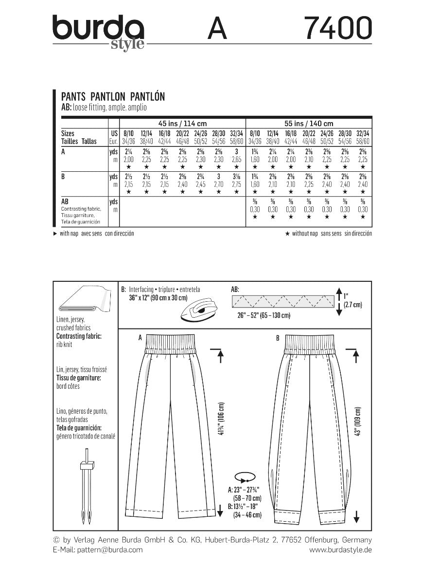 Schnittmuster Burda 7400 Hose - Ribes y Casals