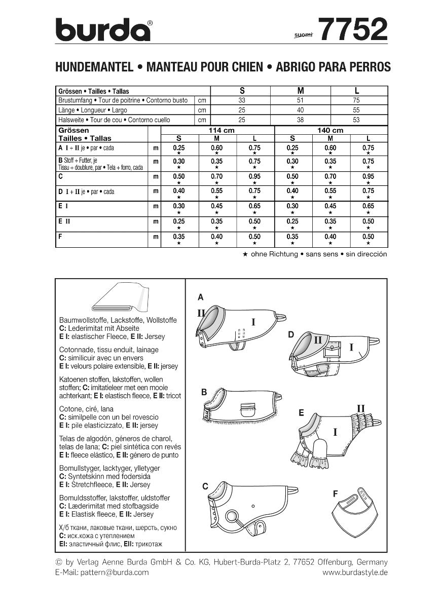 Schnittmuster Burda 7752 Hundemantel - Ribes y Casals