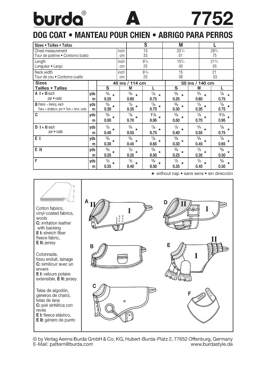Schnittmuster Burda 7752 Hundemantel - Ribes y Casals