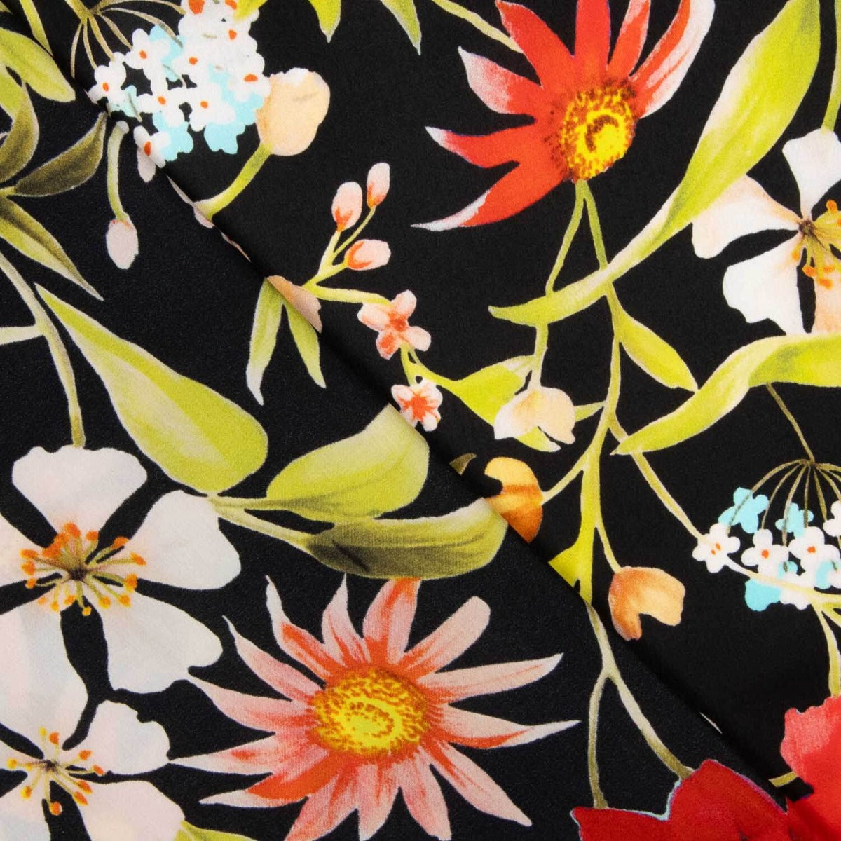 Italienischer Seidensatin Floral Schwarz - Ribes y Casals