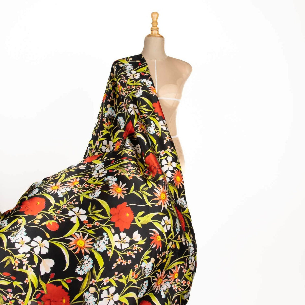 Italienischer Seidensatin Floral Schwarz - Ribes y Casals