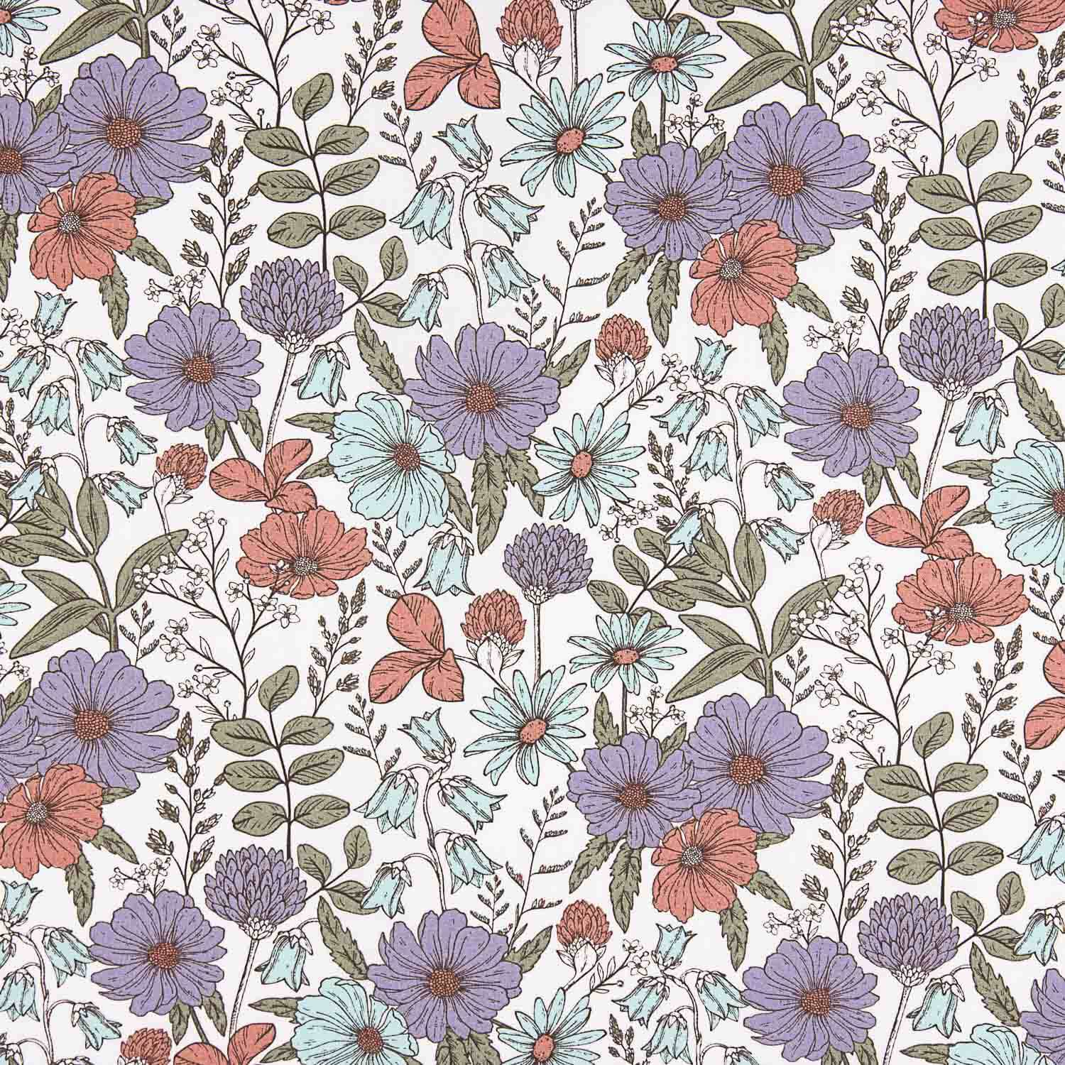 Mauve und rötliche Blumen bedruckte Baumwollpopeline - Ribes y Casals