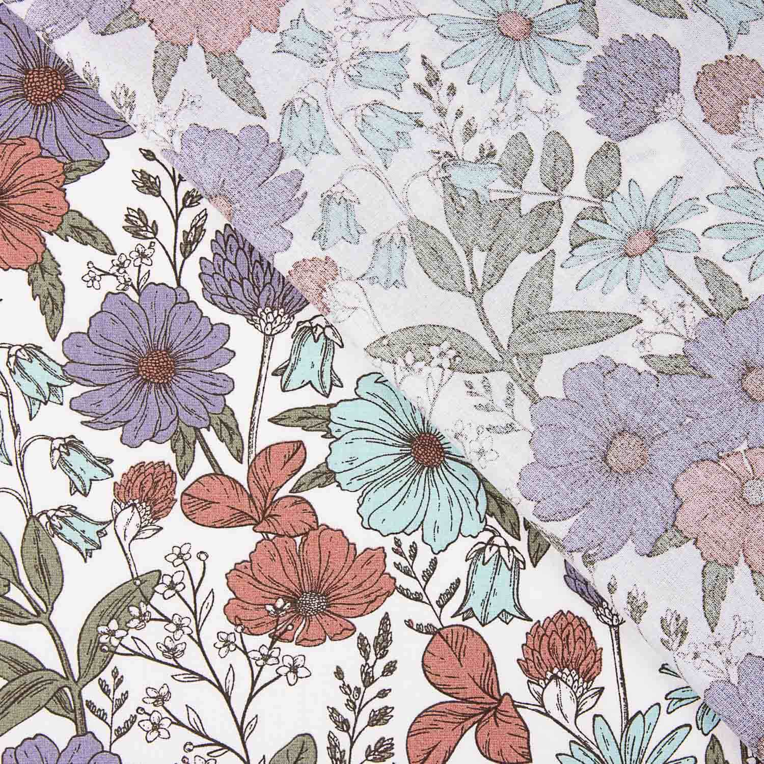 Mauve und rötliche Blumen bedruckte Baumwollpopeline - Ribes y Casals