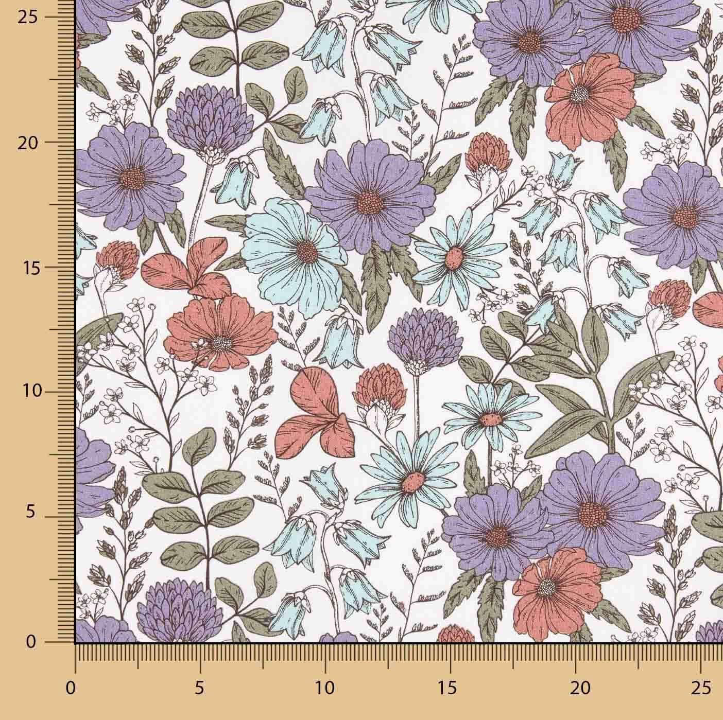 Mauve und rötliche Blumen bedruckte Baumwollpopeline - Ribes y Casals